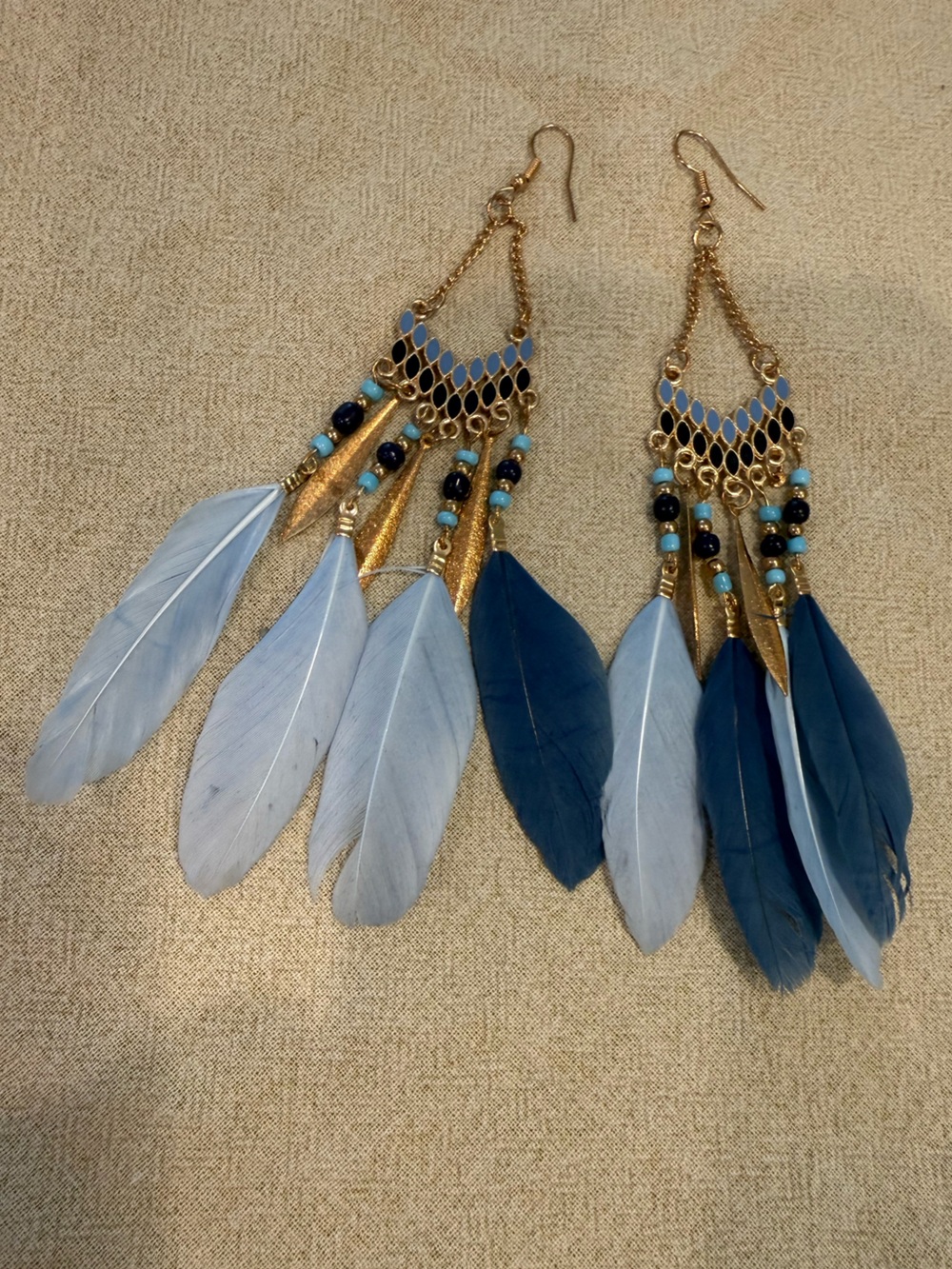 Western feather beaded dangle drop earrings blue gold cowgirl festival rodeo